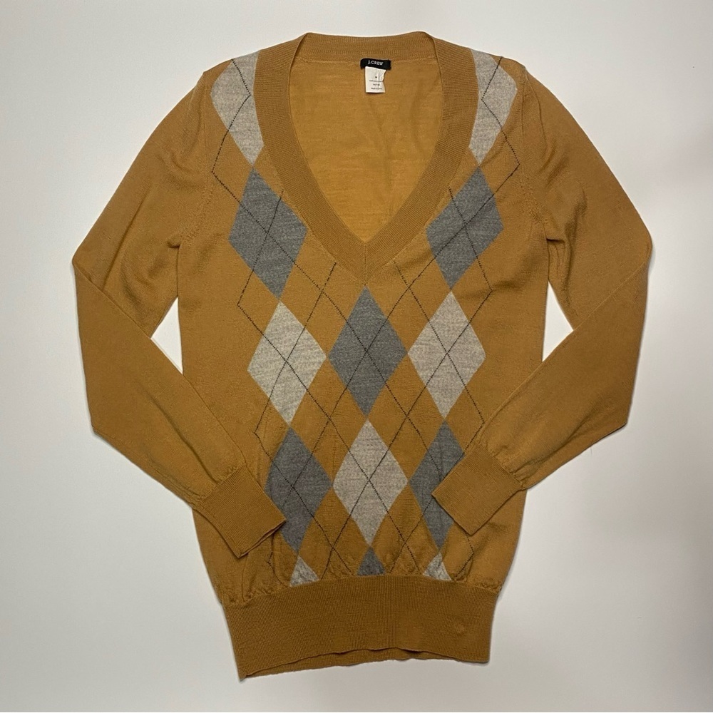 J Crew Medium 100% Merino Wool V Neck Argyle Sweater